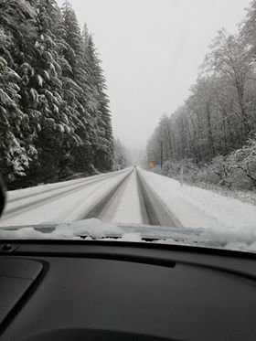 Snowy conditions on Highway 19 north of Campbell River