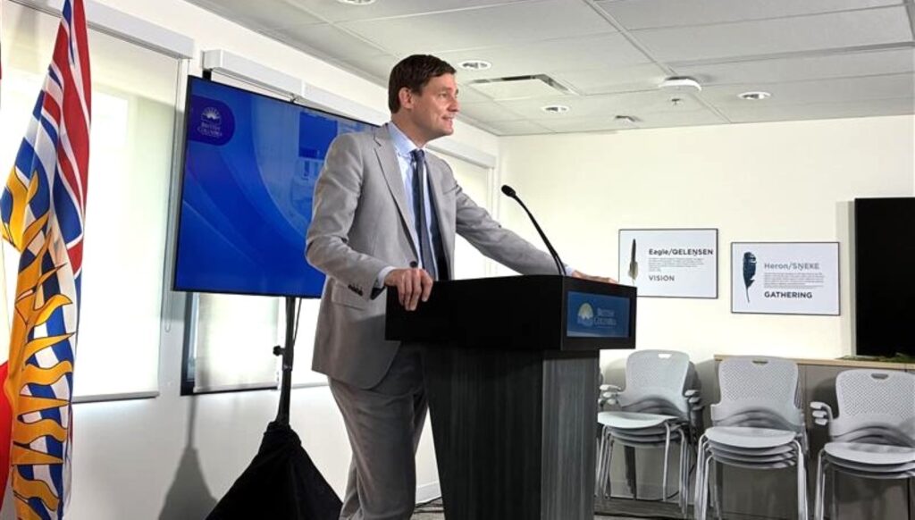 Premier David Eby speaks to reporters at Victoria PCN Allied Health Centre on May 12, 2025, announcing applications from U.S.-trained nurses are up 127 per cent since launching a streamlined registration process in April 2025.
