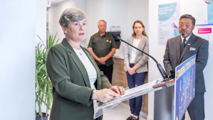 Health Minister Josie Osborne delivering an announcement in Colwood, B.C. on June 6, 2025. | BC Government photo